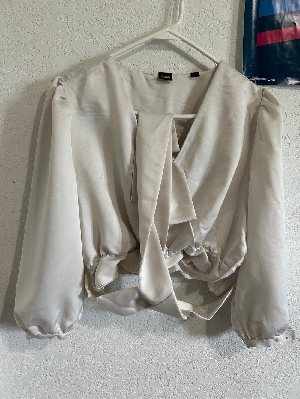 Boss Satin Tie-Front Blouse in Soft Ivory